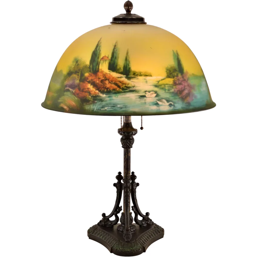 Pittsburgh Reverse Painted Swan, Lake, Stream, Birds, Trees Scenic Lamp - Dolphin Base - 18 inch